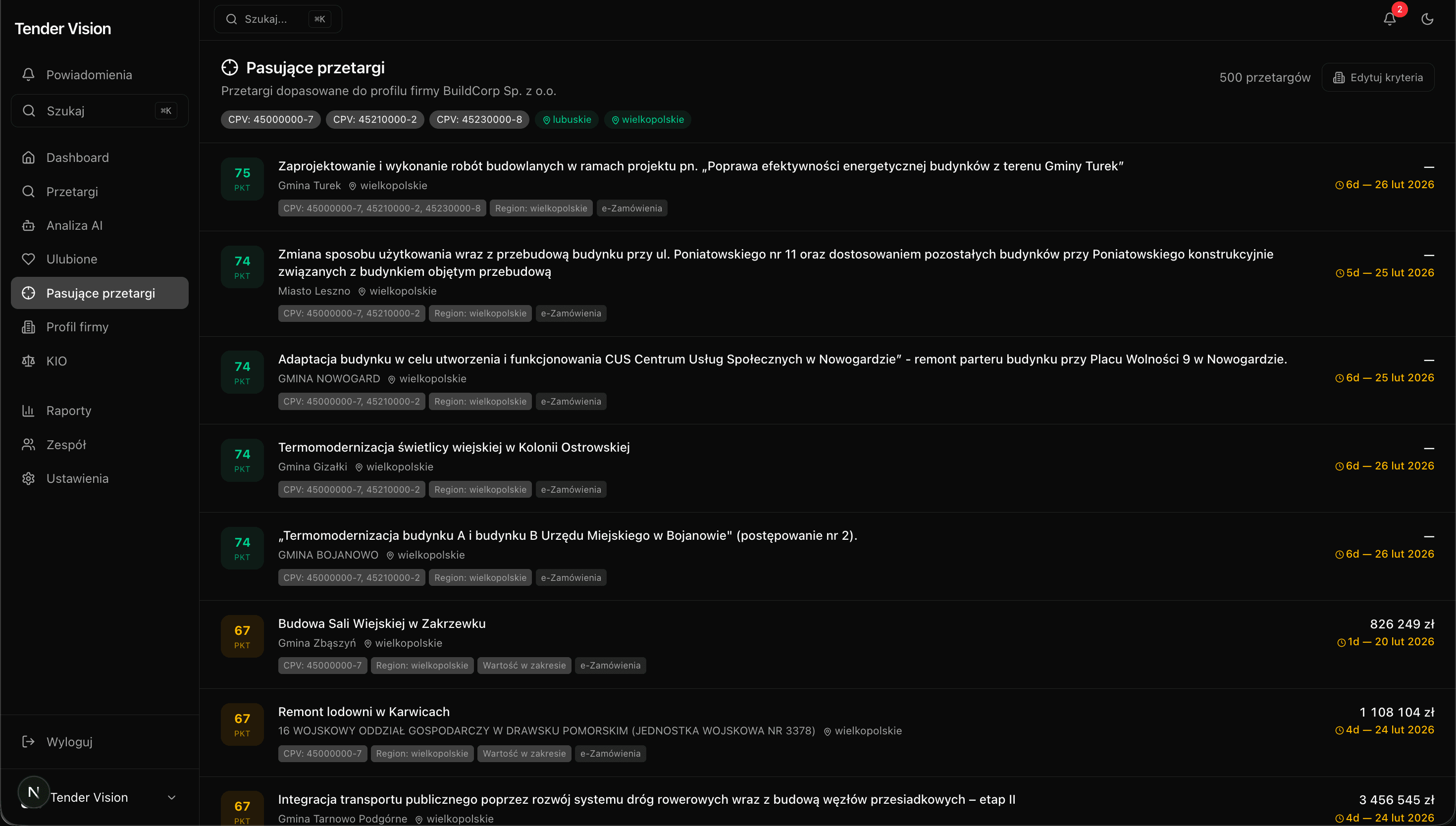 Pasujące przetargi dopasowane do profilu firmy